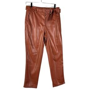 Loft Women's Faux Leather Brown Stretch High Rise Belted Straight Leg Pant 6